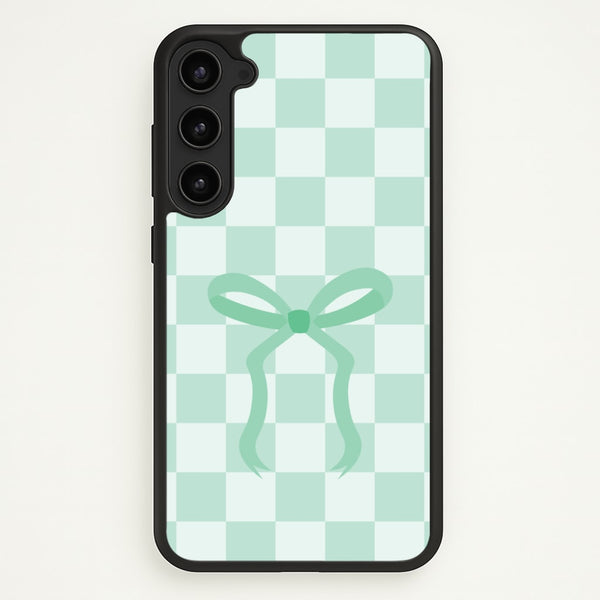 Checkered Coquette Bow Cyan - Clean Girl Aesthetic Phone Case for Galaxy S23