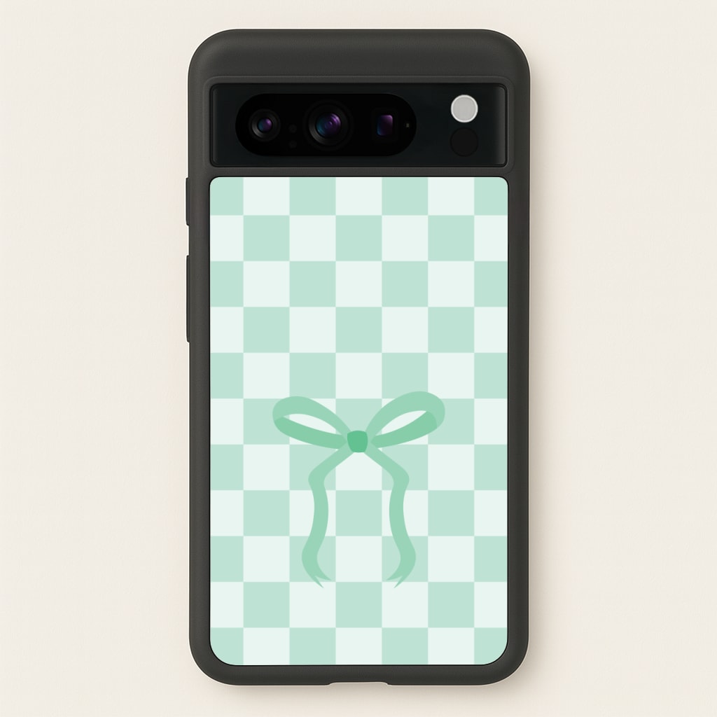 Checkered Coquette Bow Cyan - Clean Girl Aesthetic Phone Case for Google Pixel 8 Pro