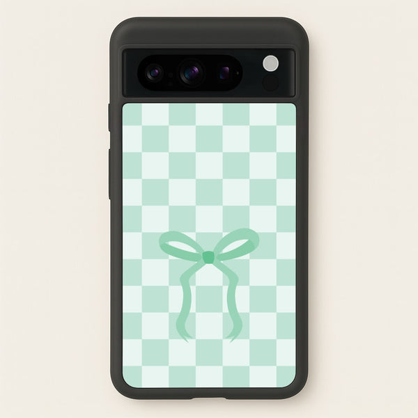 Checkered Coquette Bow Cyan - Clean Girl Aesthetic Phone Case for Google Pixel 8 Pro