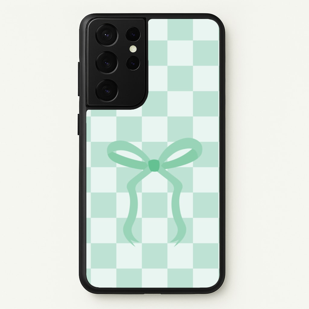 Checkered Coquette Bow Cyan - Clean Girl Aesthetic Phone Case for Galaxy S21 Ultra