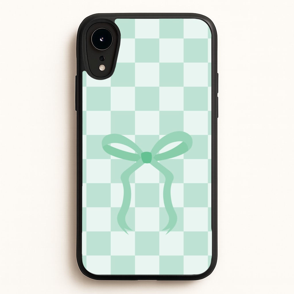 Checkered Coquette Bow Cyan - Clean Girl Aesthetic Phone Case for iPhone XR