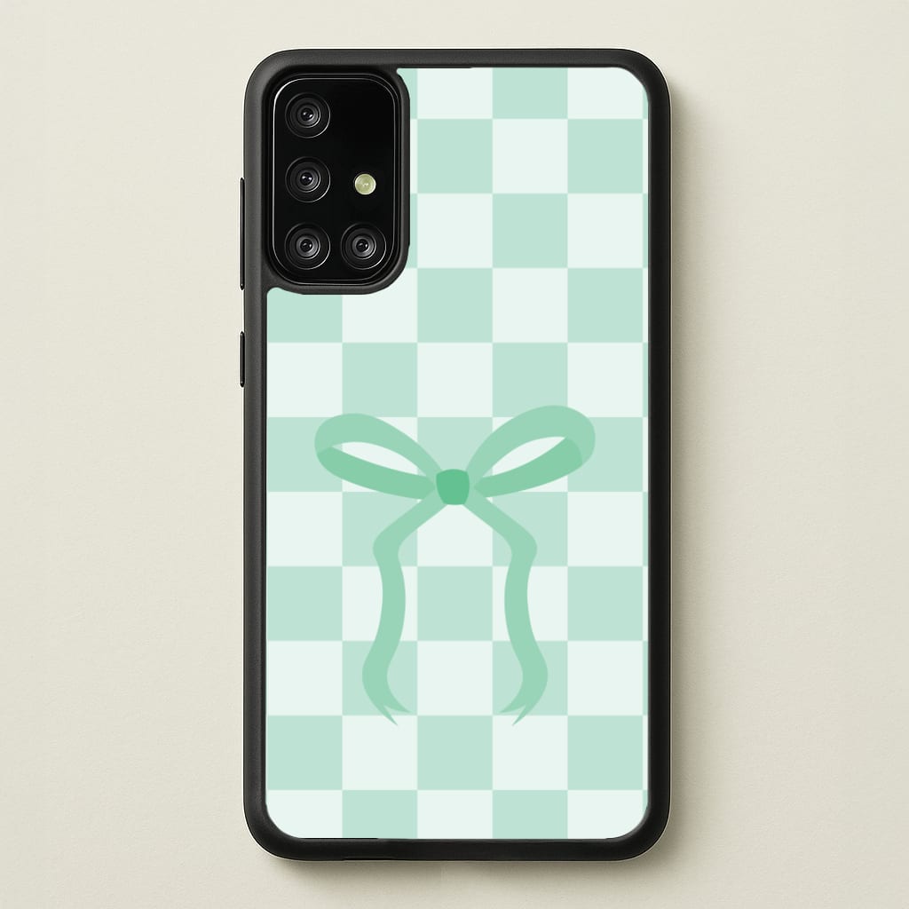 Checkered Coquette Bow Cyan - Clean Girl Aesthetic Phone Case for Galaxy A71