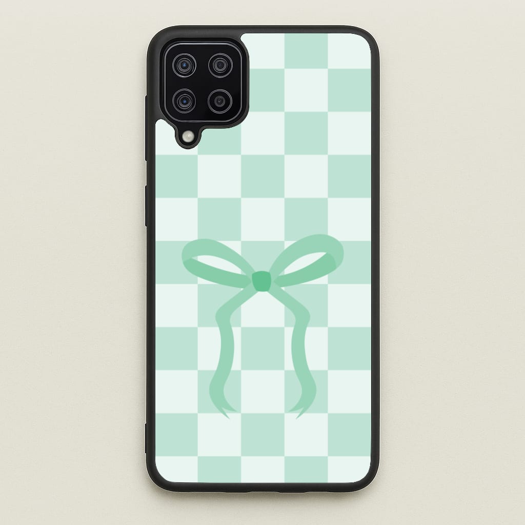 Checkered Coquette Bow Cyan - Clean Girl Aesthetic Phone Case for Galaxy A12