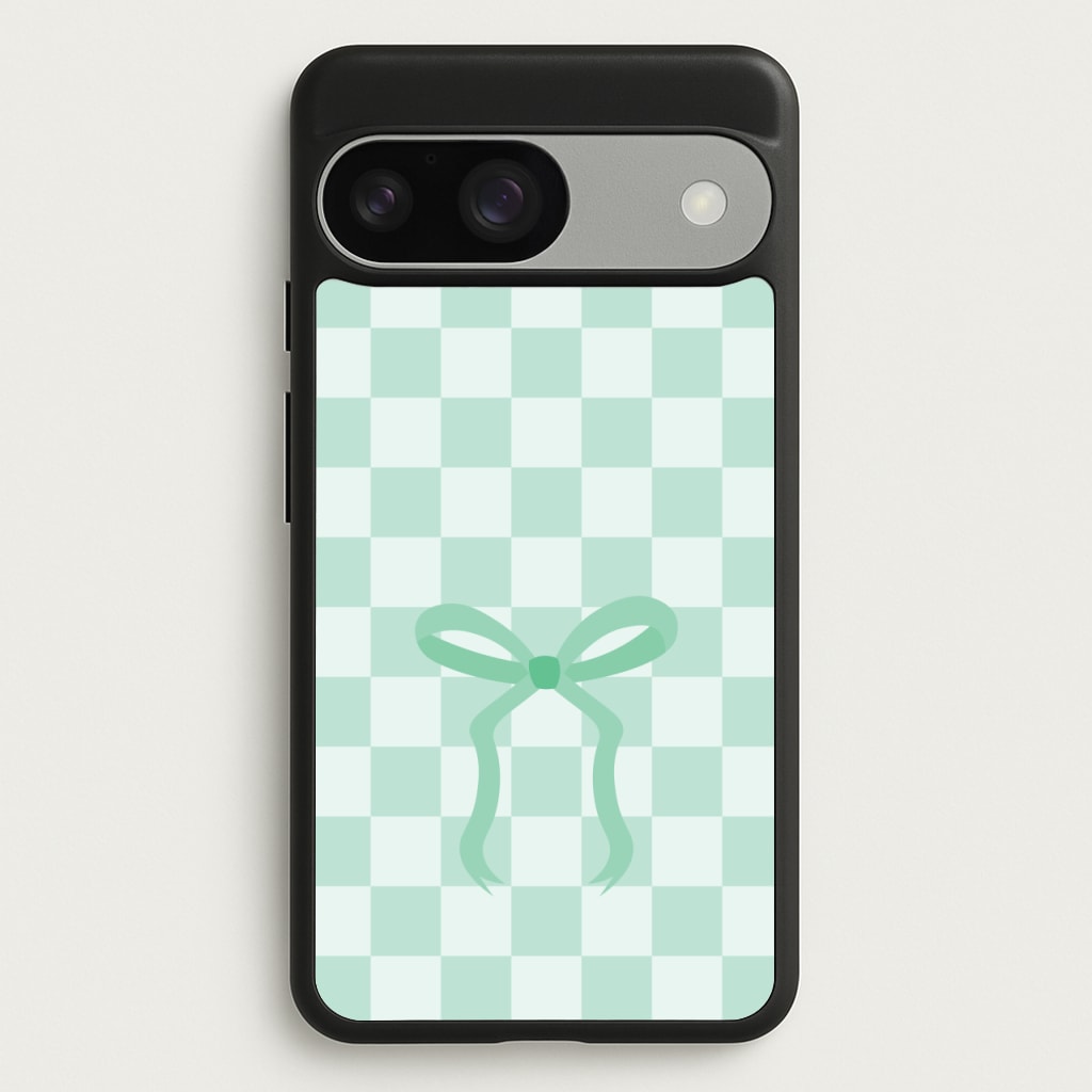 Checkered Coquette Bow Cyan - Clean Girl Aesthetic Phone Case for Google Pixel 9 / 9 Pro