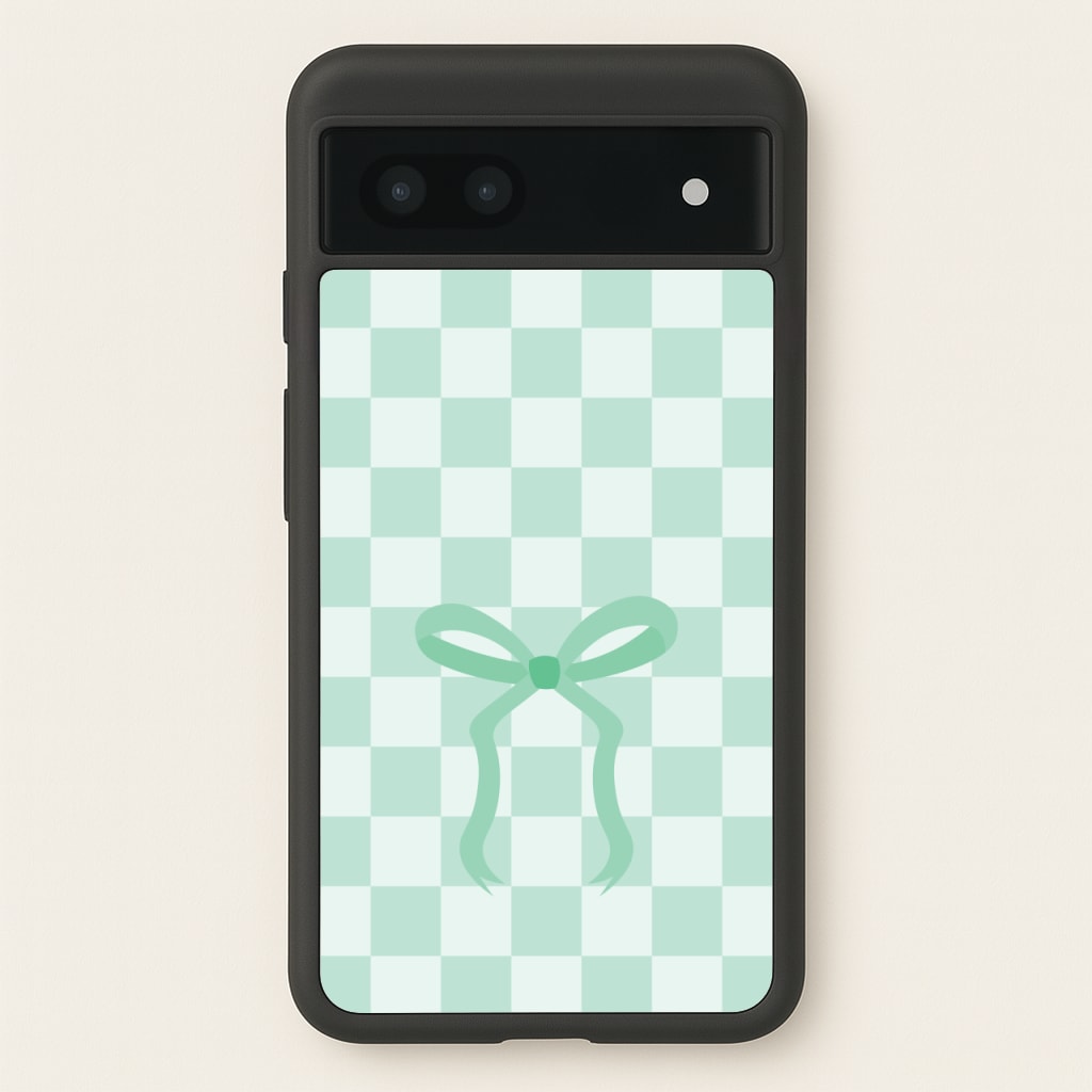 Checkered Coquette Bow Cyan - Clean Girl Aesthetic Phone Case for Google Pixel 6a
