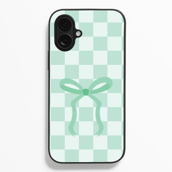 Checkered Coquette Bow Cyan - Clean Girl Aesthetic Phone Case for iPhone 16 Plus
