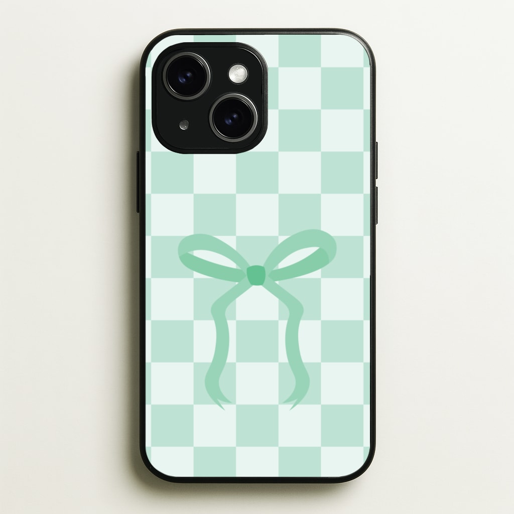 Checkered Coquette Bow Cyan - Clean Girl Aesthetic Phone Case for iPhone 15