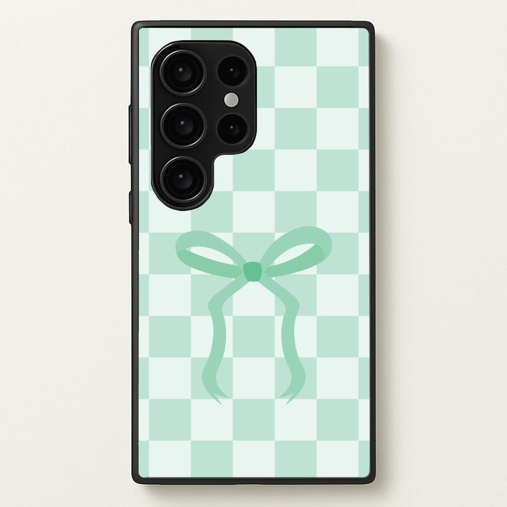 Checkered Coquette Bow Cyan - Clean Girl Aesthetic Phone Case for Galaxy S24 Ultra