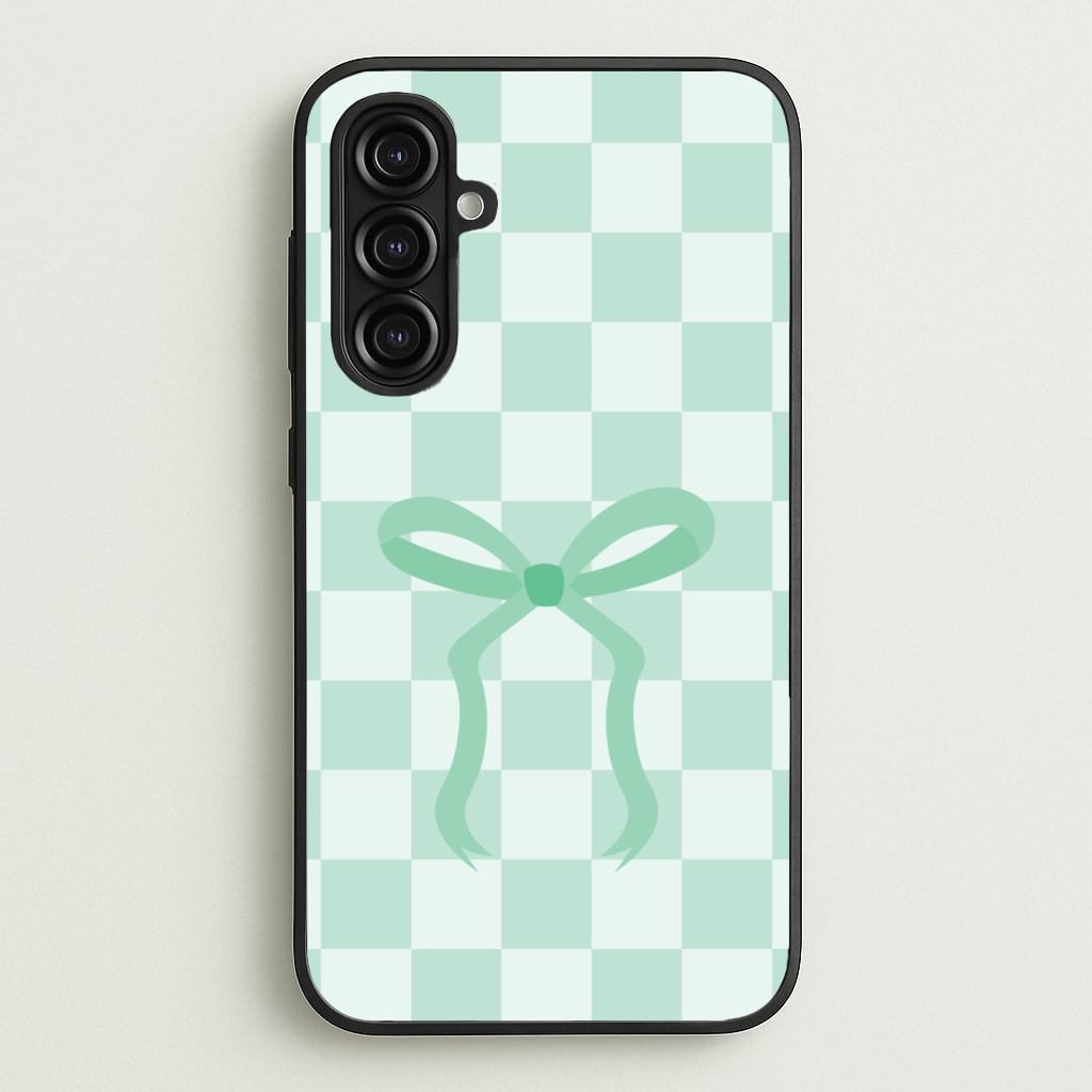 Checkered Coquette Bow Cyan - Clean Girl Aesthetic Phone Case for Galaxy A16