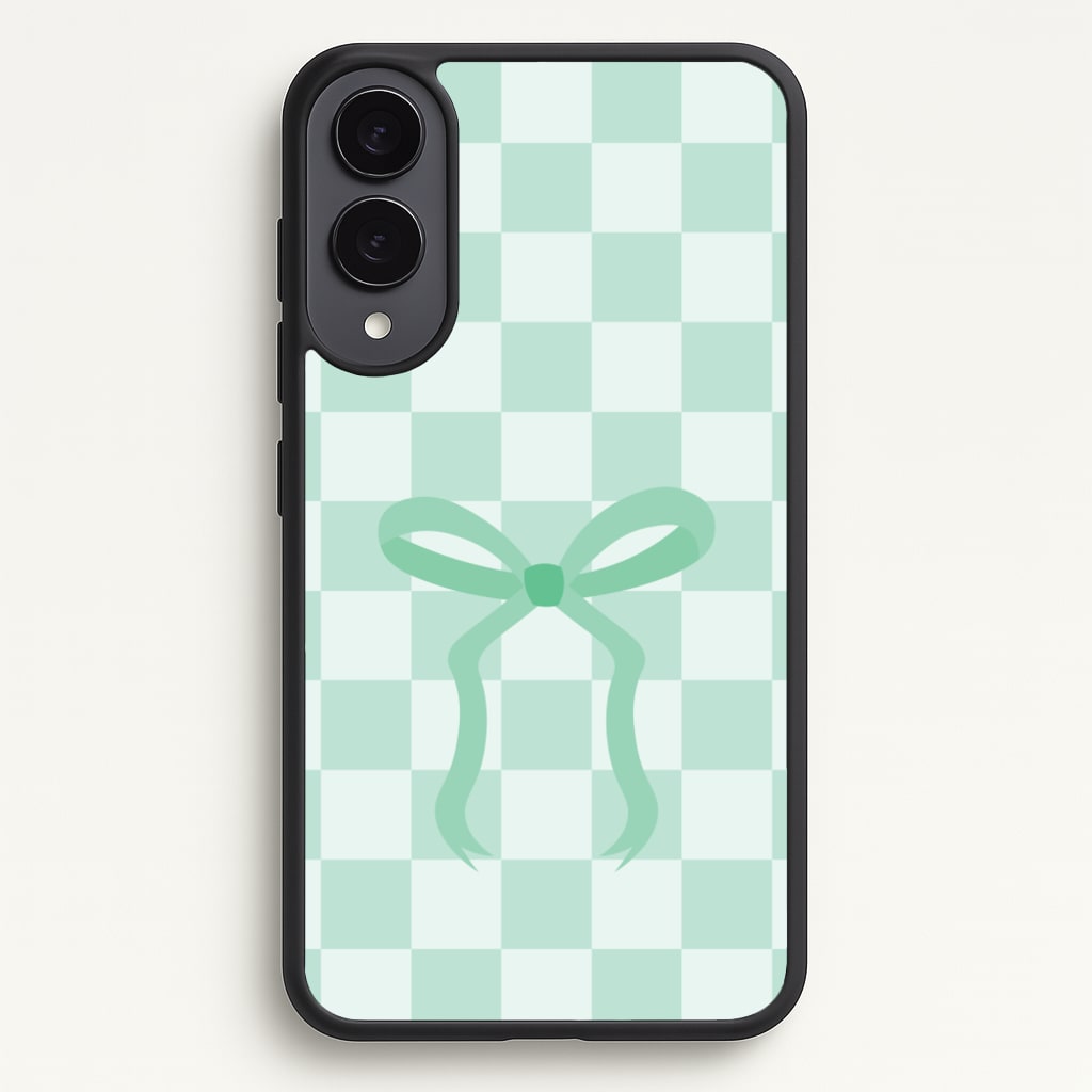Checkered Coquette Bow Cyan - Clean Girl Aesthetic Phone Case for Galaxy S25 Edge