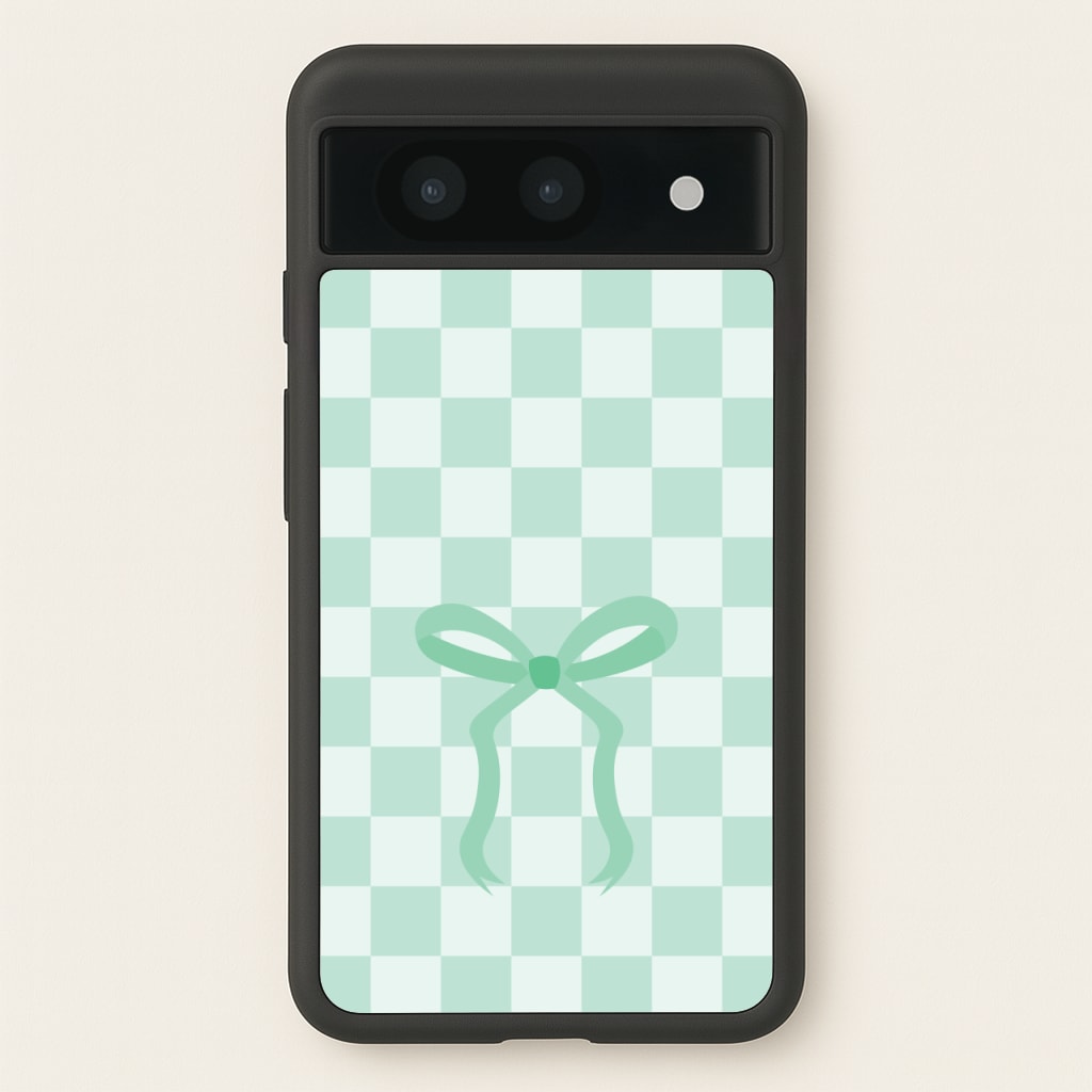 Checkered Coquette Bow Cyan - Clean Girl Aesthetic Phone Case for Google Pixel 8a