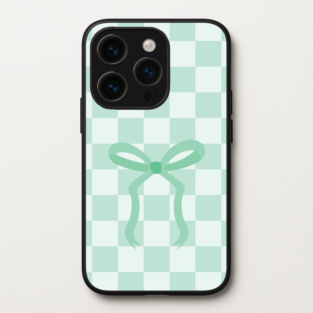 Checkered Coquette Bow Cyan - Clean Girl Aesthetic Phone Case for iPhone 14 Pro