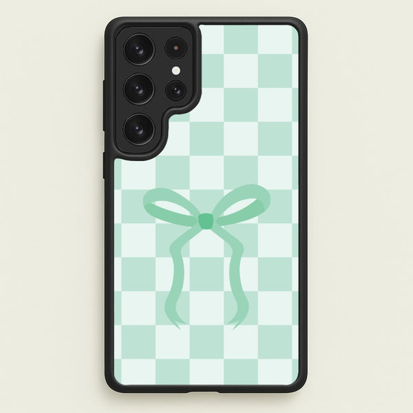 Checkered Coquette Bow Cyan - Clean Girl Aesthetic Phone Case for Galaxy S22 Ultra