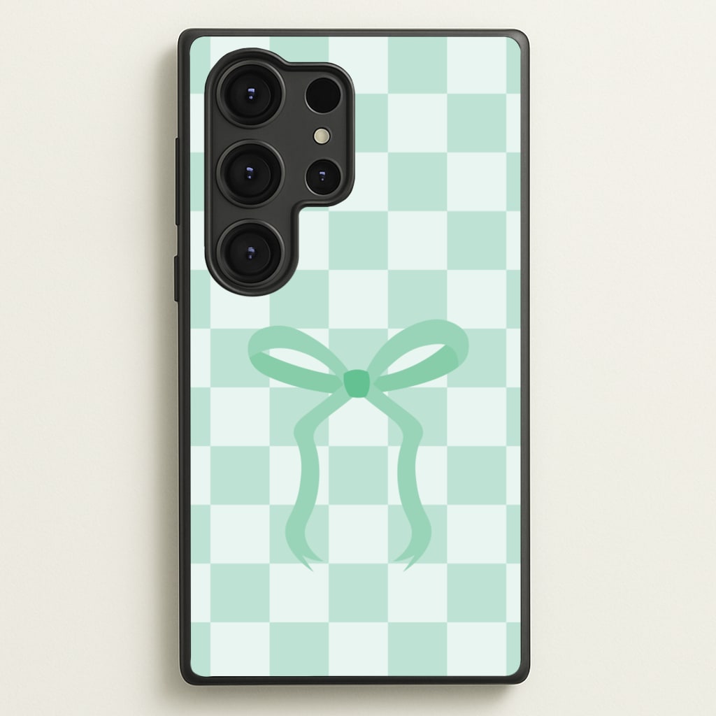 Checkered Coquette Bow Cyan - Clean Girl Aesthetic Phone Case for Galaxy S25 Ultra