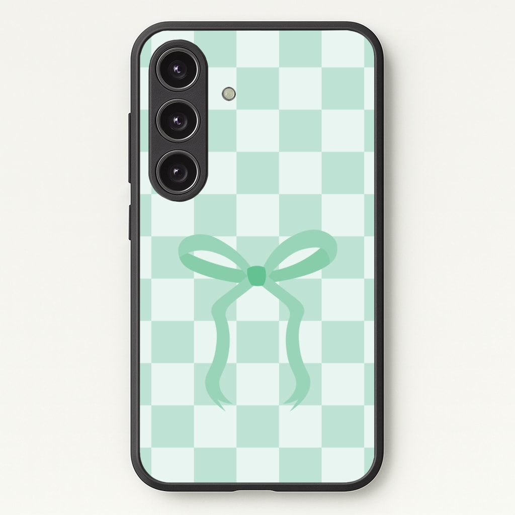 Checkered Coquette Bow Cyan - Clean Girl Aesthetic Phone Case for Galaxy S25