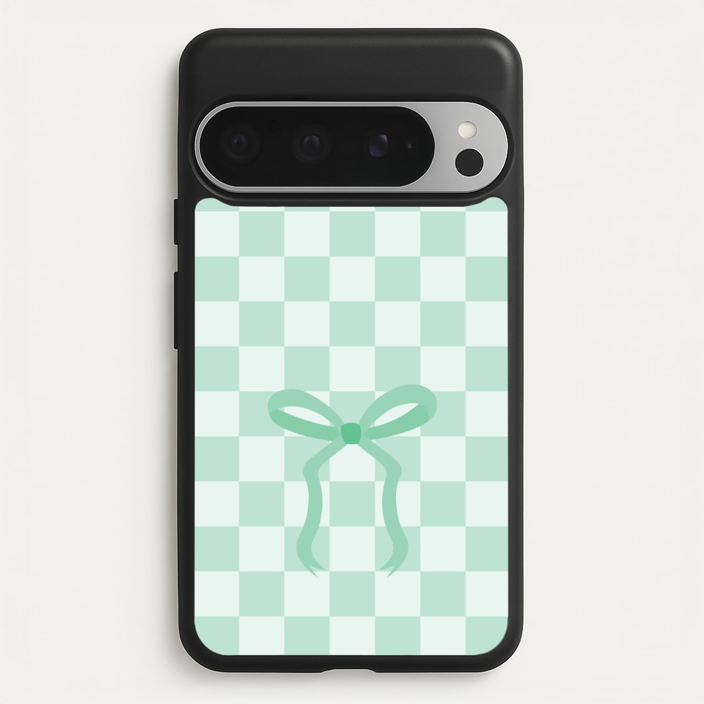 Checkered Coquette Bow Cyan - Clean Girl Aesthetic Phone Case for Google Pixel 9 Pro XL