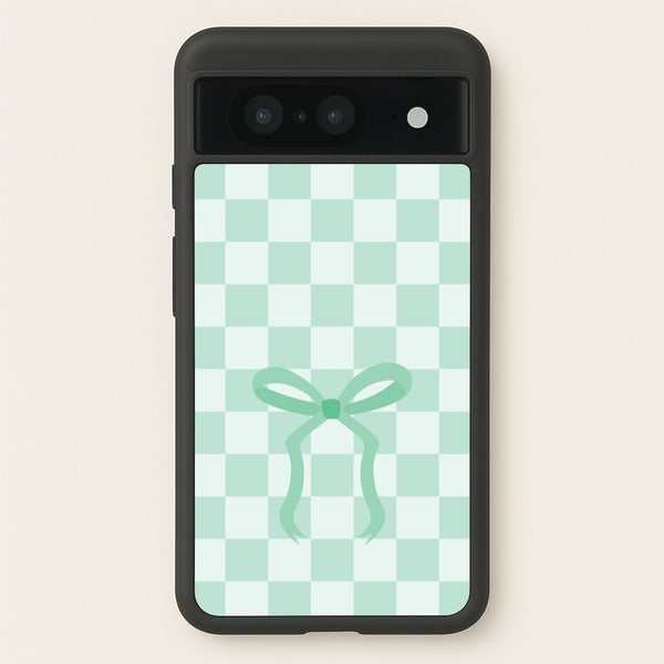 Checkered Coquette Bow Cyan - Clean Girl Aesthetic Phone Case for Google Pixel 8