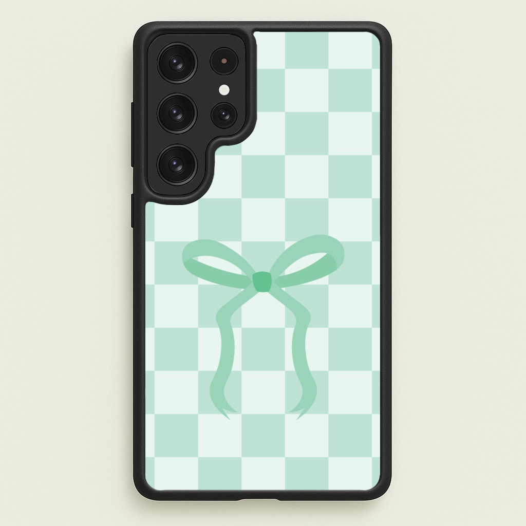 Checkered Coquette Bow Cyan - Clean Girl Aesthetic Phone Case for Galaxy S23 Ultra