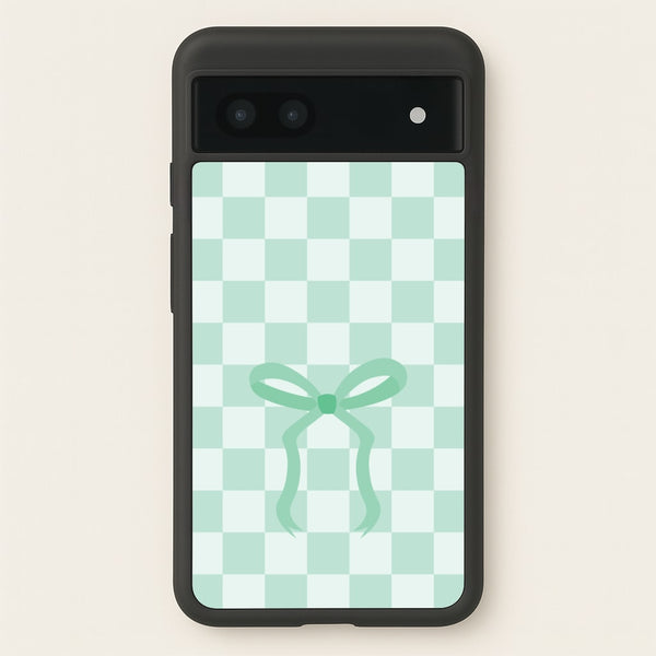 Checkered Coquette Bow Cyan - Clean Girl Aesthetic Phone Case for Google Pixel 7a