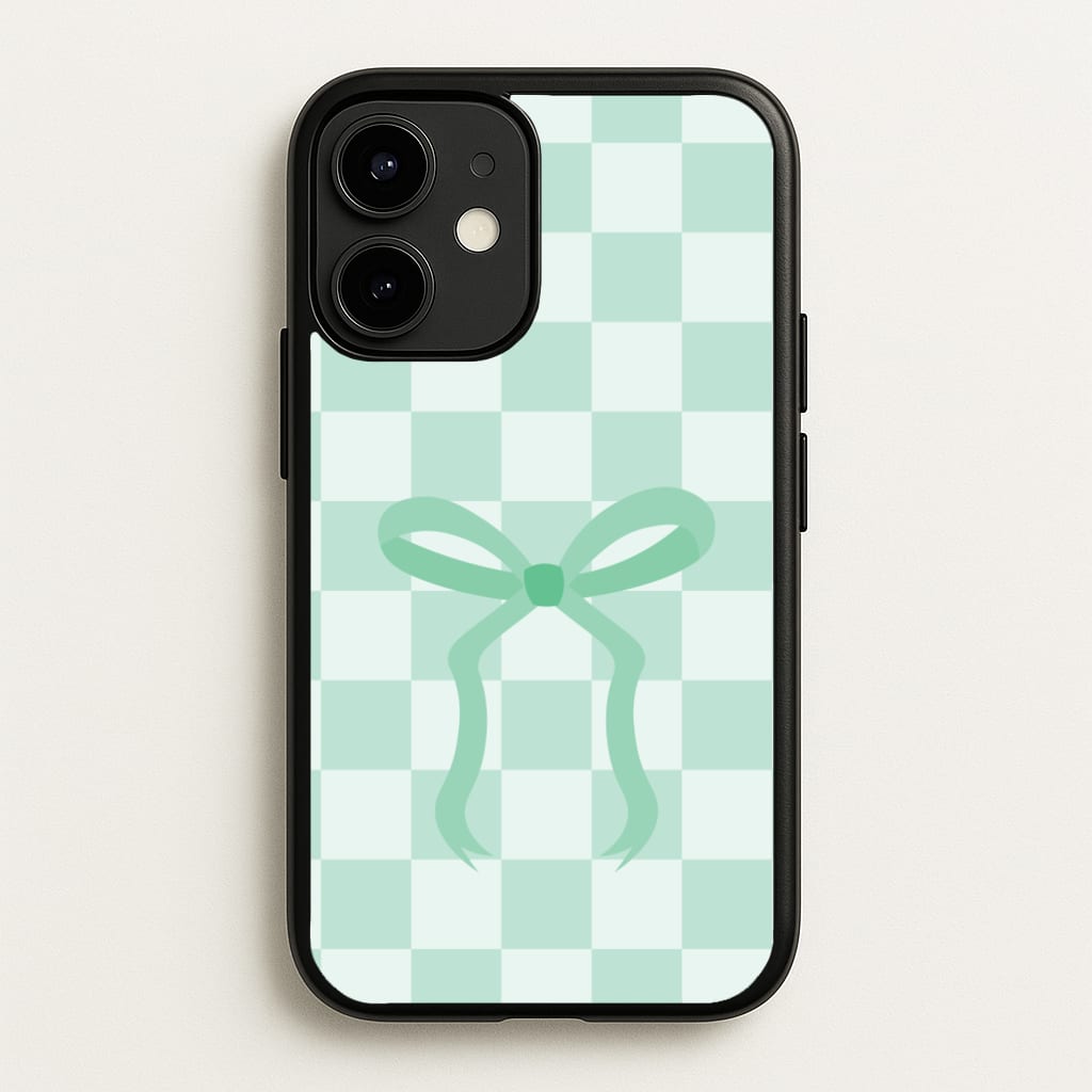 Checkered Coquette Bow Cyan - Clean Girl Aesthetic Phone Case for iPhone 12 / 12 Pro