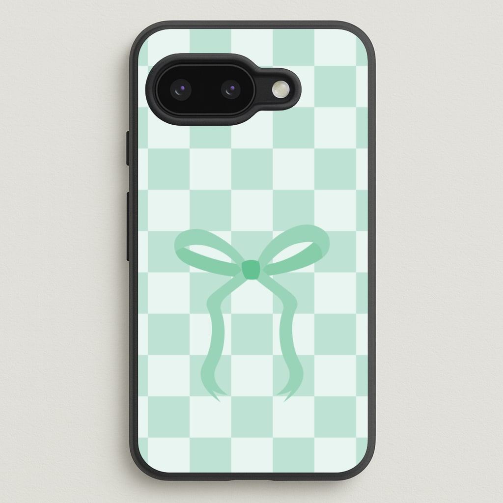 Checkered Coquette Bow Cyan - Clean Girl Aesthetic Phone Case for Google Pixel 9a