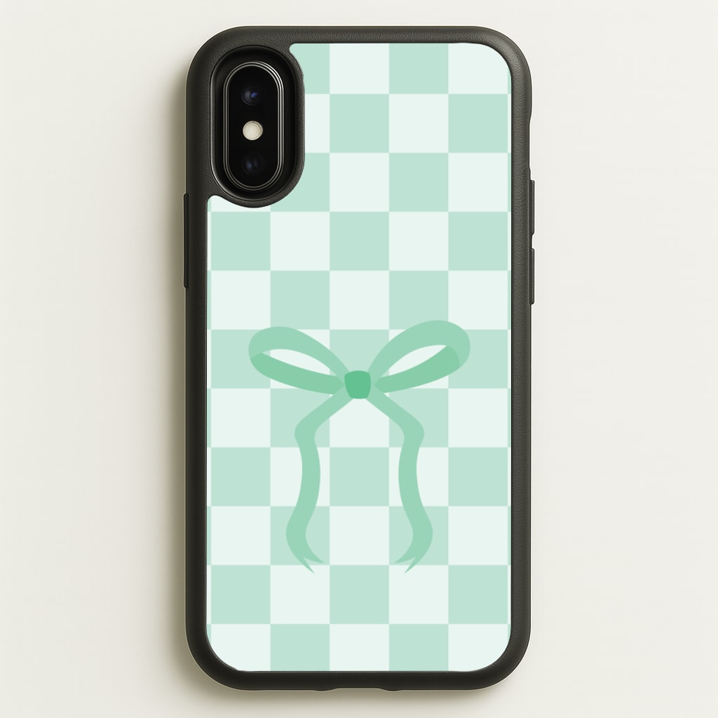 Checkered Coquette Bow Cyan - Clean Girl Aesthetic Phone Case for iPhone X / XS