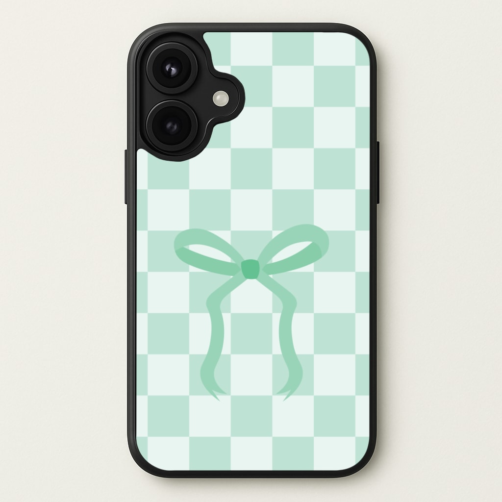 Checkered Coquette Bow Cyan Phone Case for iPhone 17