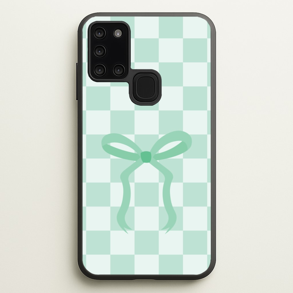 Checkered Coquette Bow Cyan - Clean Girl Aesthetic Phone Case for Galaxy A21s
