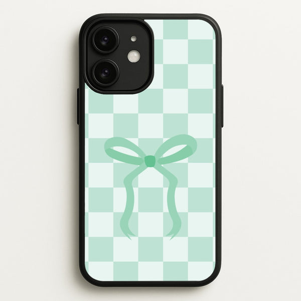 Checkered Coquette Bow Cyan - Clean Girl Aesthetic Phone Case for iPhone 11