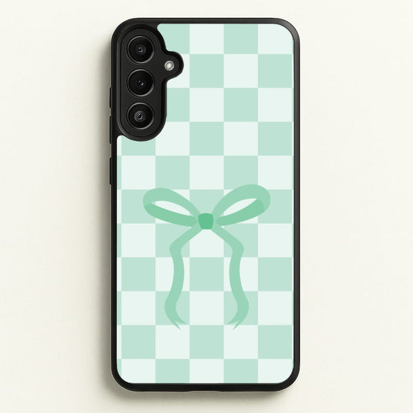 Checkered Coquette Bow Cyan - Clean Girl Aesthetic Phone Case for Galaxy A36