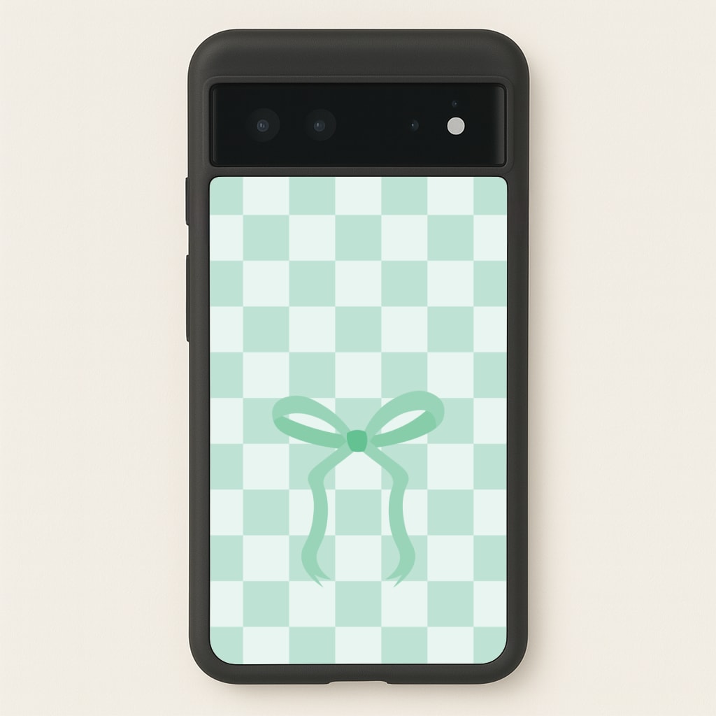 Checkered Coquette Bow Cyan - Clean Girl Aesthetic Phone Case for Google Pixel 6