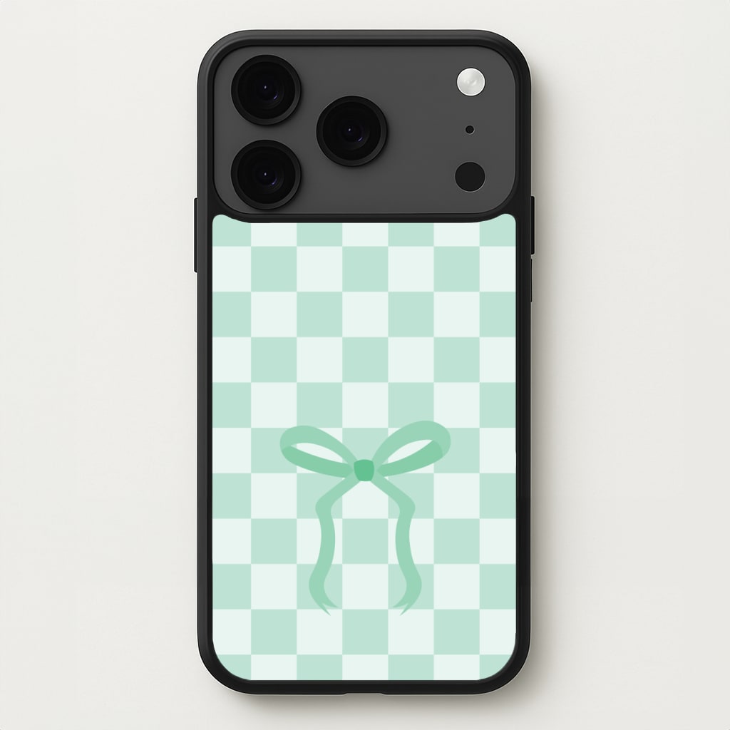 Checkered Coquette Bow Cyan Phone Case for iPhone 17 Pro Max