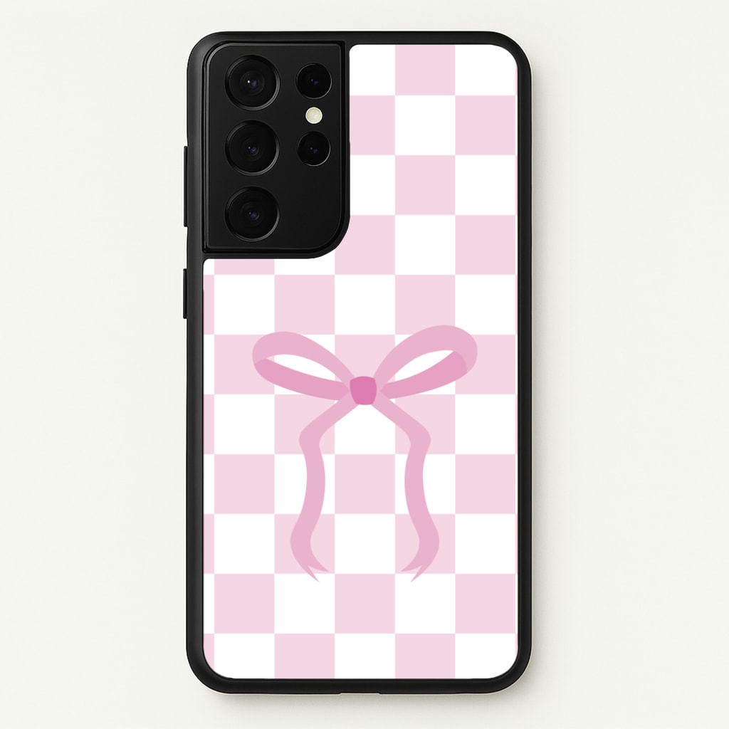 Checkered Coquette Bow Pink - Clean Girl Aesthetic Phone Case for Galaxy S21 Ultra
