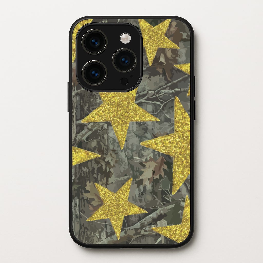 Camo And Glitter Stars Pattern - Clean Girl Aesthetic Phone Case for iPhone 14 Pro Max
