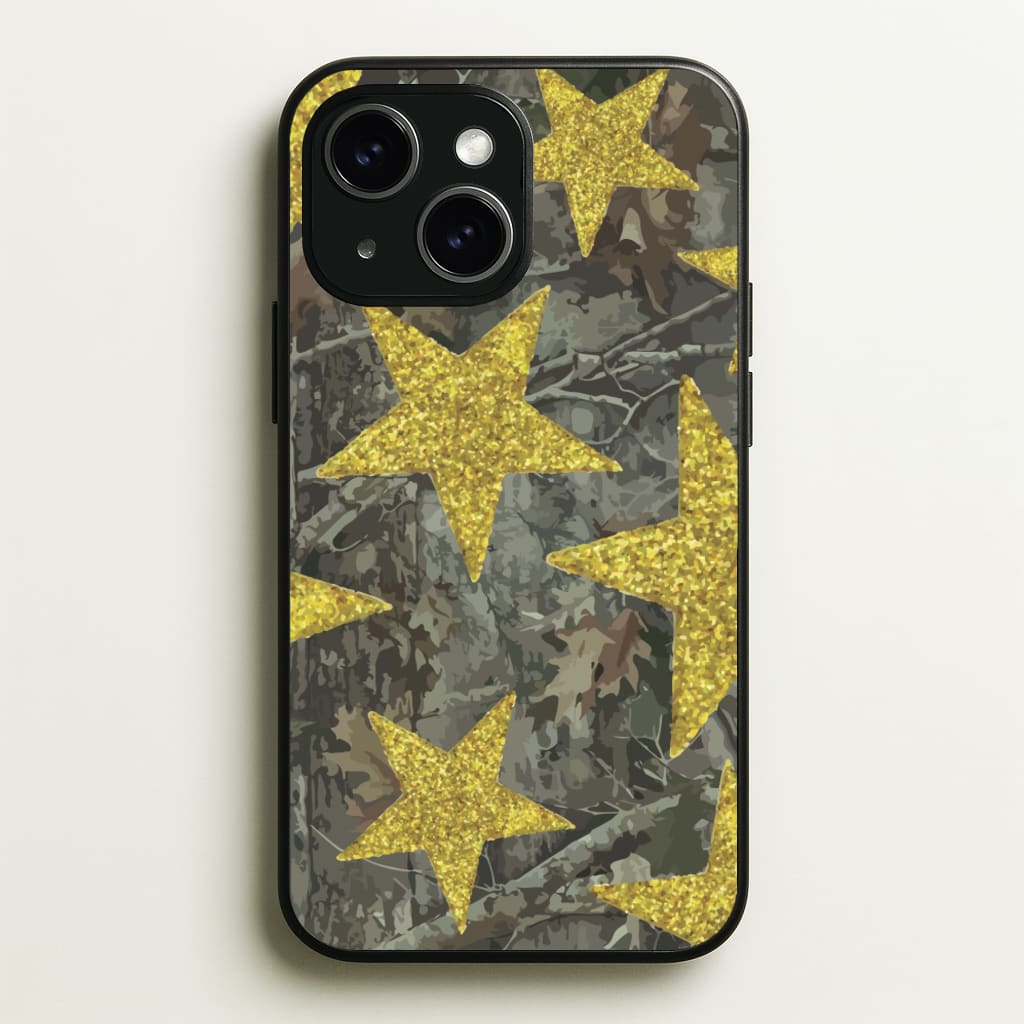 Camo And Glitter Stars Pattern - Clean Girl Aesthetic Phone Case for iPhone 15