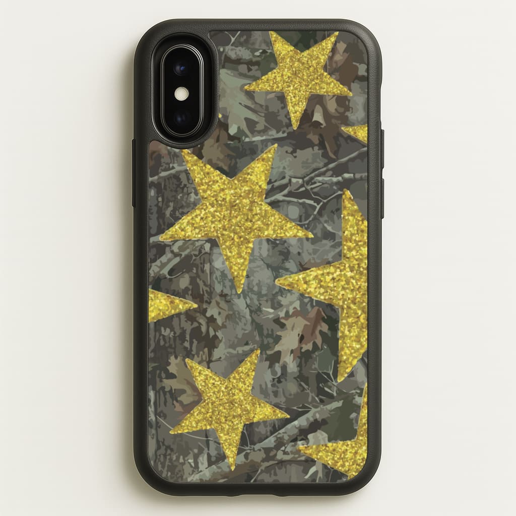 Camo And Glitter Stars Pattern - Clean Girl Aesthetic Phone Case for iPhone X / XS