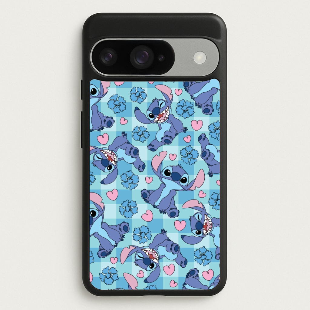 Blue Alien And Hearts Pattern Phone Case for Google Pixel 10 / 10 Pro