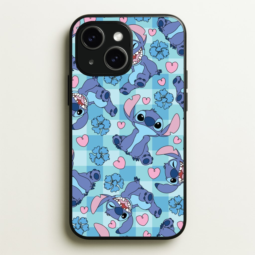 Blue Alien And Hearts Pattern - Disney Phone Case for iPhone 15