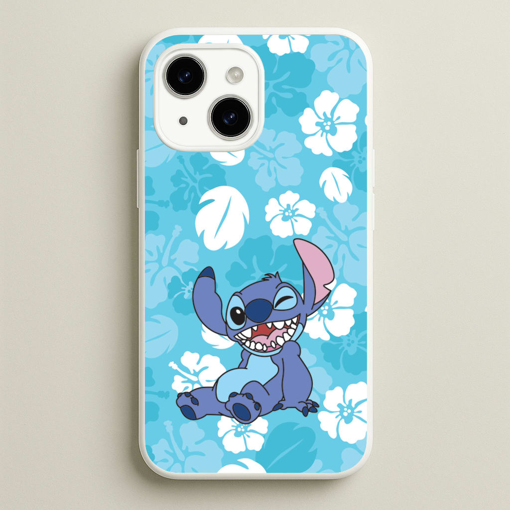 Cute Blue Alien Floral Pattern - Stitch Phone Case for iPhone 15 Plus