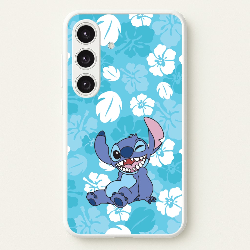 Cute Blue Alien Floral Pattern - Stitch Phone Case for Galaxy S25 Plus