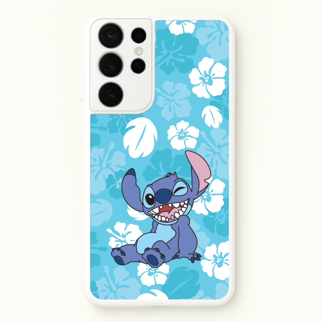 Cute Blue Alien Floral Pattern - Stitch Phone Case for Galaxy S21 Ultra