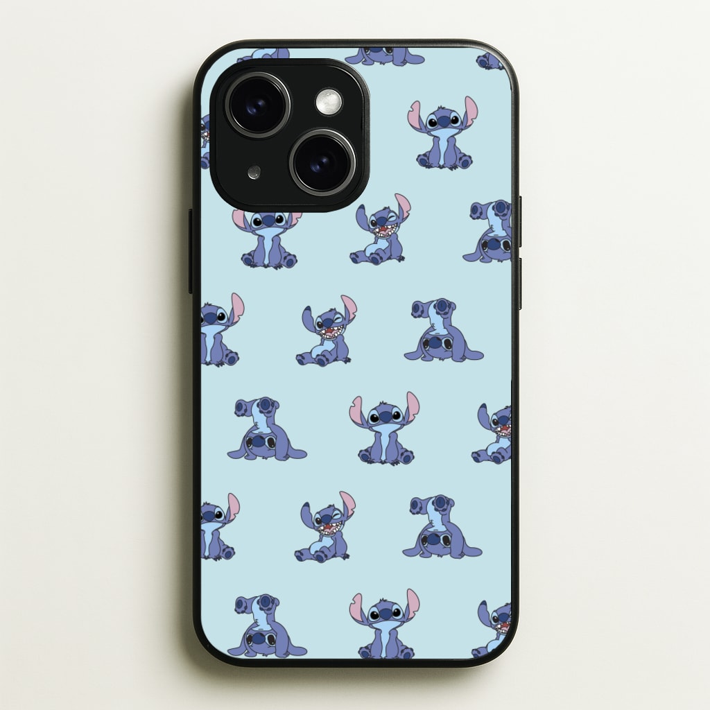 Cute Blue Alien Pose Pattern - Stitch Phone Case for iPhone 15