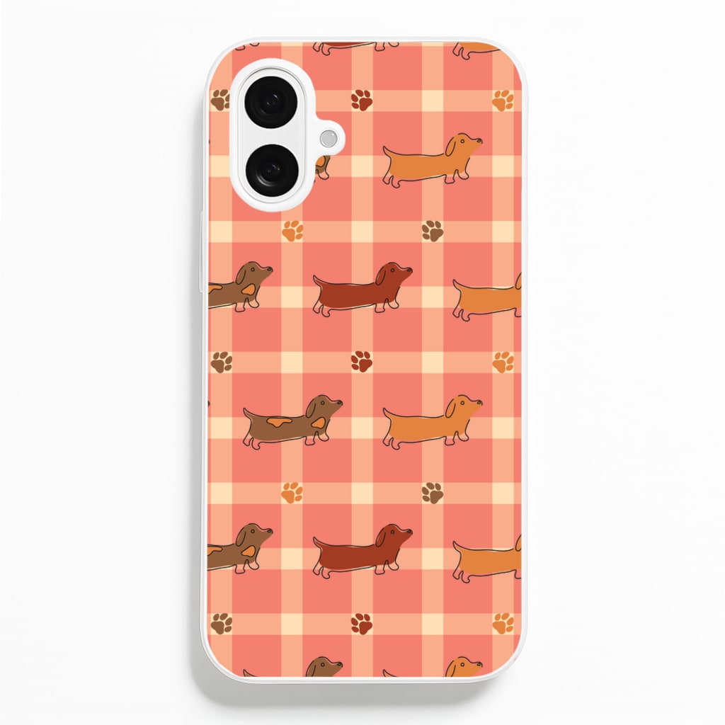 Tartan Dachshunds And Paws Pattern - Dog Patterns Phone Case for iPhone 16 Plus