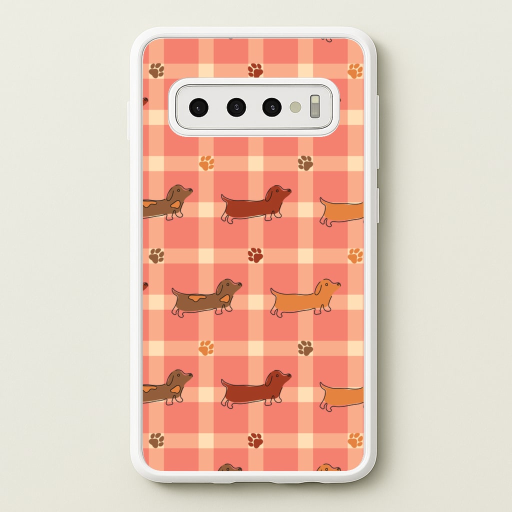 Tartan Dachshunds And Paws Pattern - Dog Patterns Phone Case for Galaxy S10 Plus