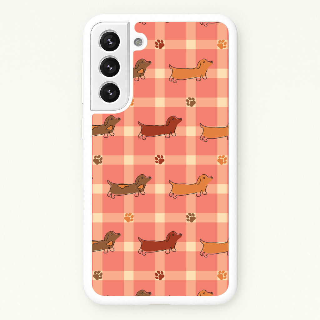 Tartan Dachshunds And Paws Pattern - Dog Patterns Phone Case for Galaxy S21FE