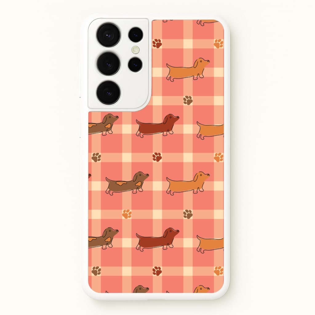 Tartan Dachshunds And Paws Pattern - Dog Patterns Phone Case for Galaxy S21 Ultra