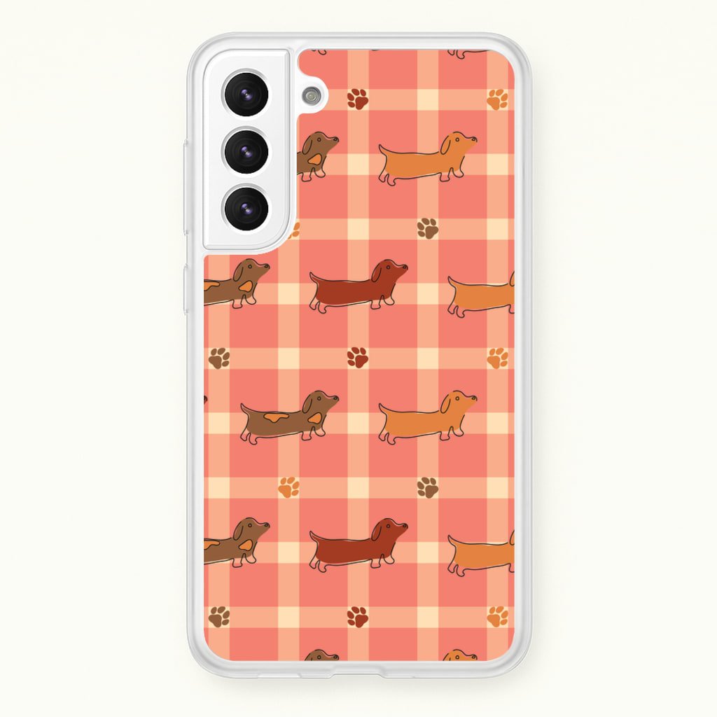 Tartan Dachshunds And Paws Pattern - Dog Patterns Phone Case for Galaxy S22 Plus