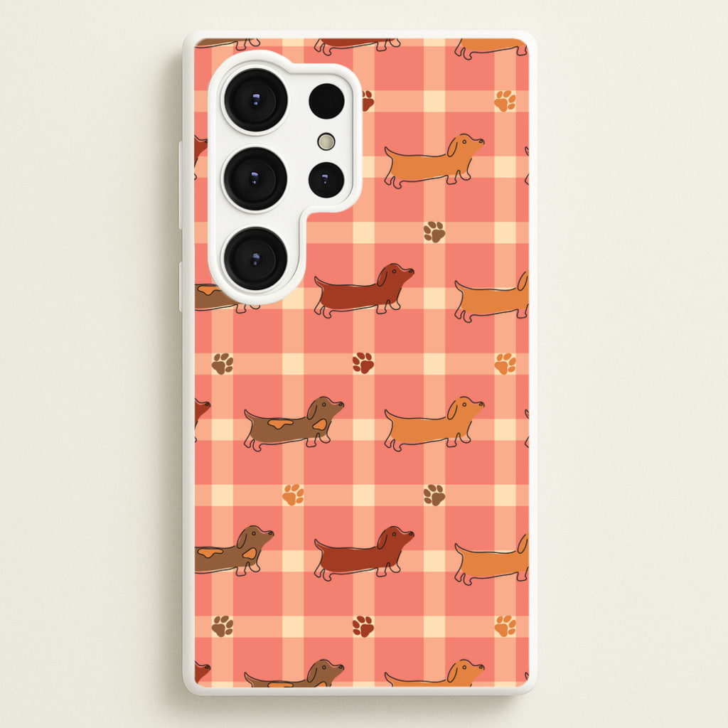 Tartan Dachshunds And Paws Pattern - Dog Patterns Phone Case for Galaxy S25 Ultra