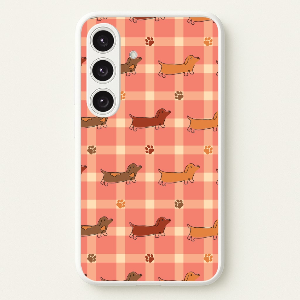 Tartan Dachshunds And Paws Pattern - Dog Patterns Phone Case for Galaxy S24 Plus