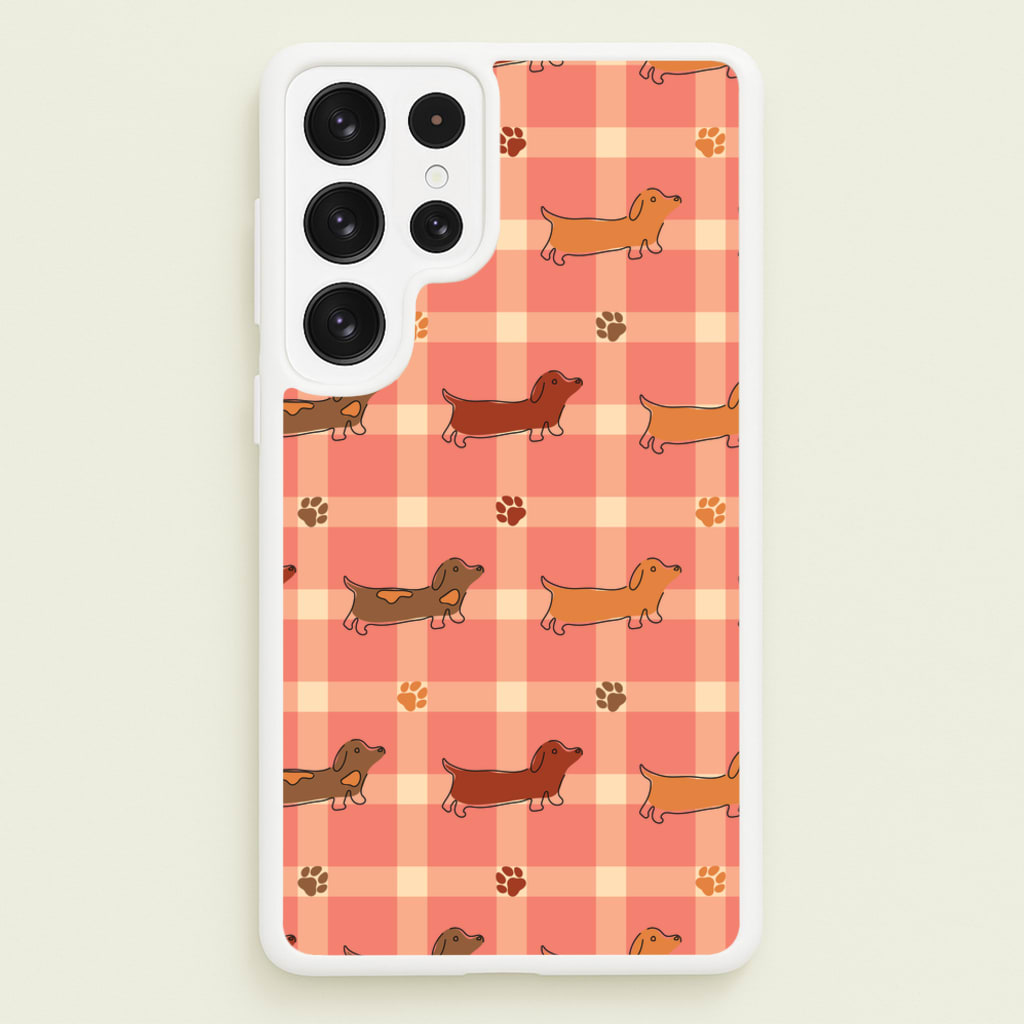Tartan Dachshunds And Paws Pattern - Dog Patterns Phone Case for Galaxy S22 Ultra
